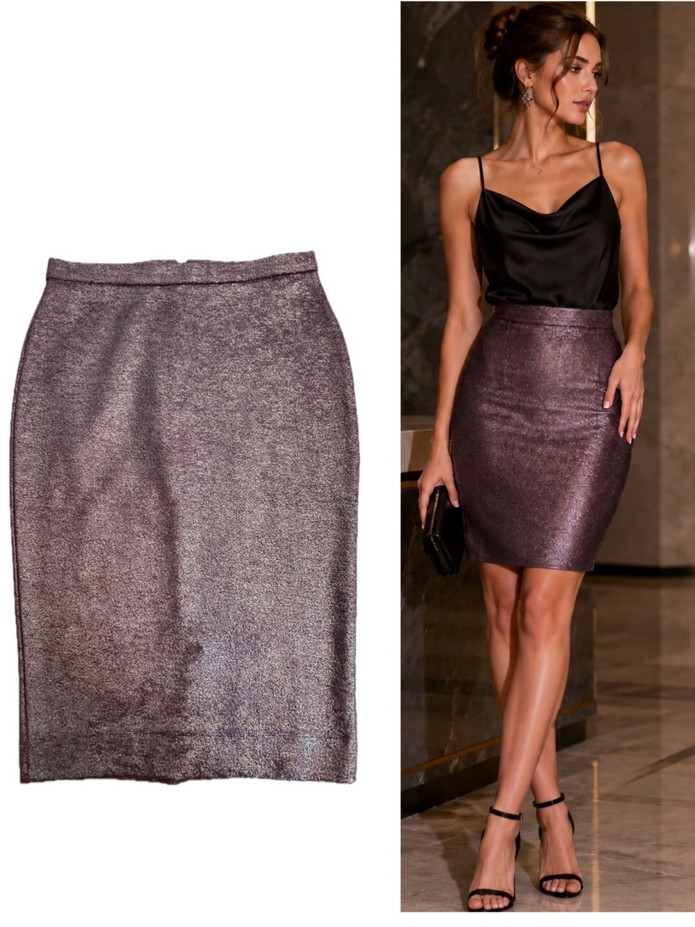 ZARA Trafaluc Burgundy Metallic Pencil Skirt Size M Evening Party